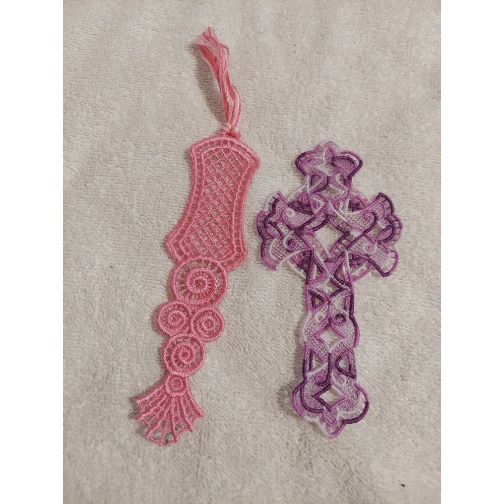 Lace Bookmark Set Pink Tassel and Purple Celtic Cross Embroidered Bookmarks